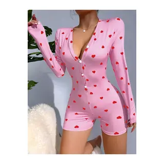 Kadın Pembe Kalp Desenli Pijama Tulumu 5121