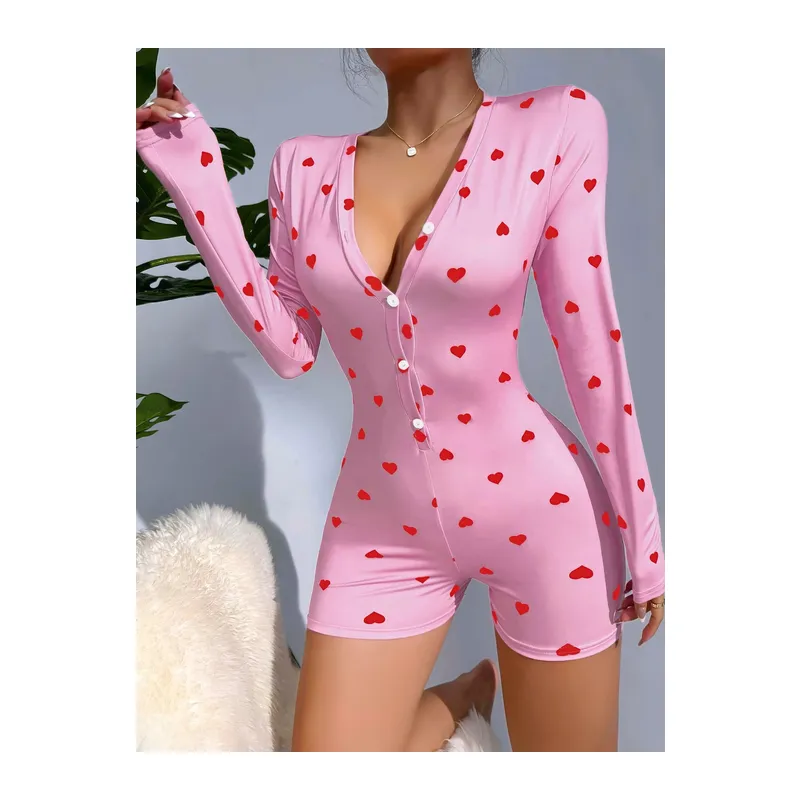 Kadın Pembe Kalp Desenli Pijama Tulumu 5121