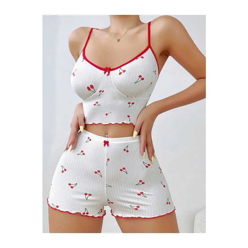 Kadın Vişne Desenli Dantel Askılı Şortlu Pijama Takımı 5193