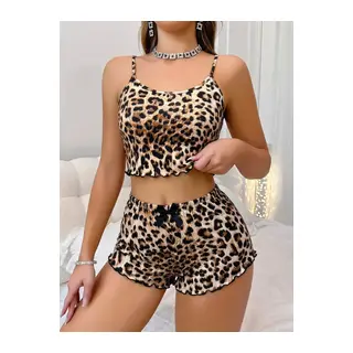 Kadın Leopar Desenli Askılı Şortlu Pijama Takımı 5239