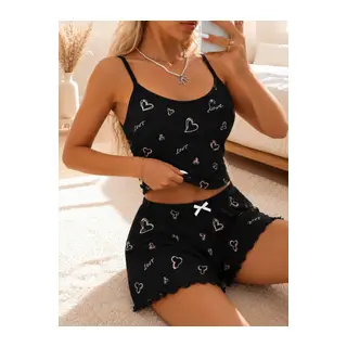 Kadın Love Yazılı ve Kalp Desenli Dantel Askılı Şortlu Pijama Takımı 5262
