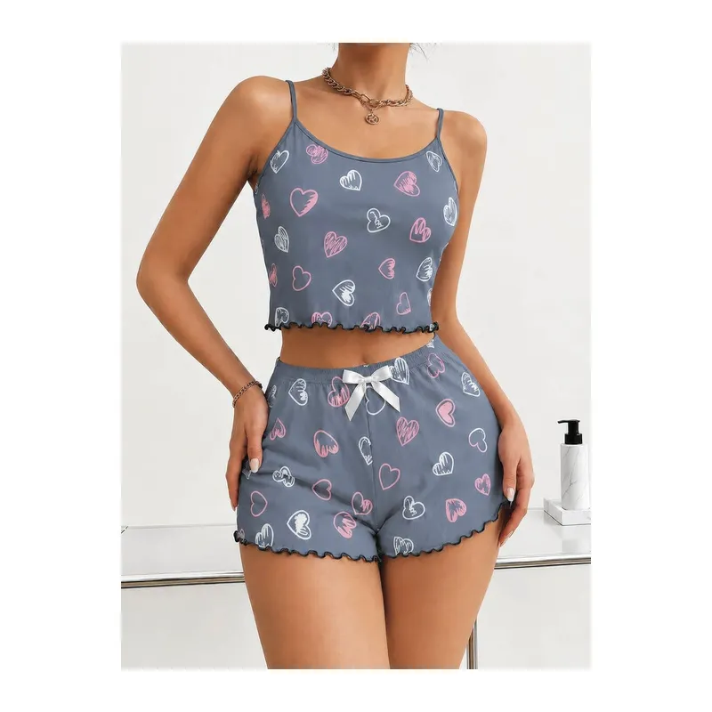 Kadın Gri Kalp Desenli Dantel Askılı Şortlu Pijama Takımı 5265