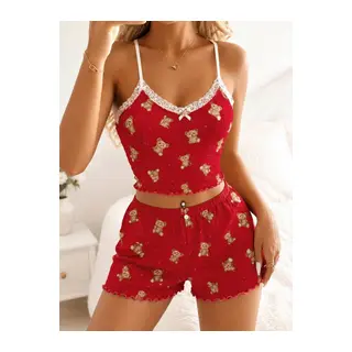 Kadın Kırmızı Ayıcık Desenli Dantelli Yumuşak Askılı Şortlu Pijama Takımı 5264