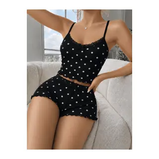 Kadın Siyah Puantiyeli Dantelli Yumuşak Askılı Şortlu Pijama Takımı 5268