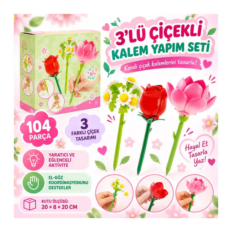 3’lü Çiçekli Kalem Yapım Seti 104 Parça