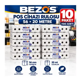Termal POS Cihazı Rulosu 56 mm x 20 m - 100 Adet (10 Paket) Yazar Kasa Slip Rulosu