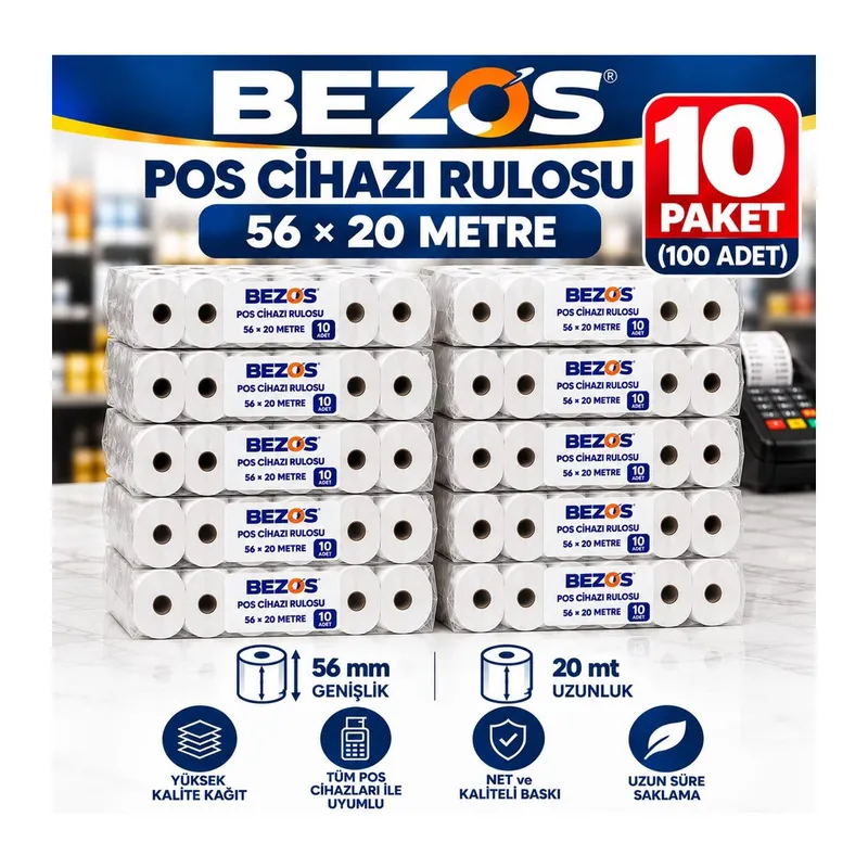 Termal POS Cihazı Rulosu 56 mm x 20 m - 100 Adet (10 Paket) Yazar Kasa Slip Rulosu