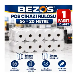 Termal POS Cihazı Rulosu 56 mm x 20 m - 10 Adet (1 Paket) Yazar Kasa Slip Rulosu