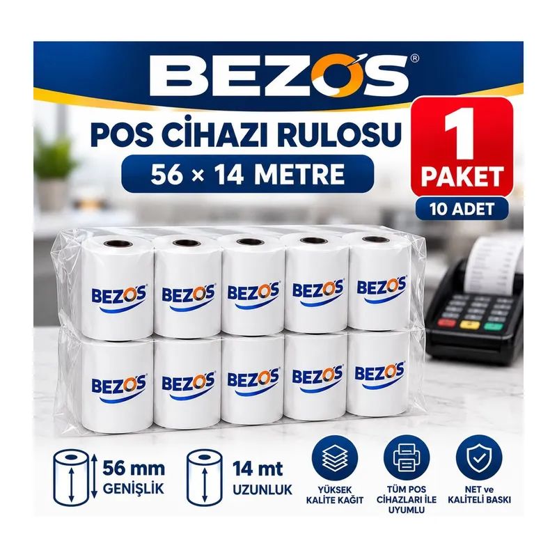 Termal POS Cihazı Rulosu 56 mm x 14 m - 10 Adet (1 Paket) Yazar Kasa Slip Rulosu