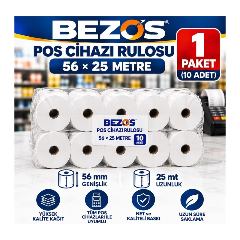 Termal POS Cihazı Rulosu 56 mm x 25 m - 10 Adet (1 Paket) Yazar Kasa Slip Rulosu