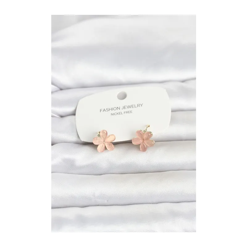 Pirinç Gold Renk Pembe Çiçek Model Çocuk Küpe