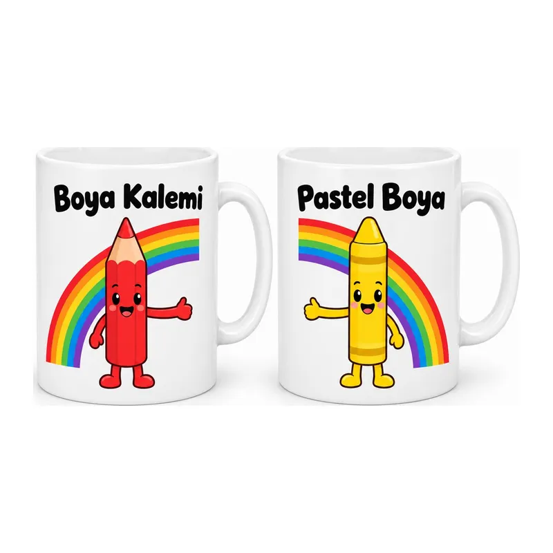 Boya Kalemi ve Pastel Boya 2'li Porselen Kupa Seti - MODEL 381