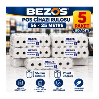 Termal POS Cihazı Rulosu 56 mm x 25 m - 50 Adet (5 Paket) Yazar Kasa Slip Rulosu