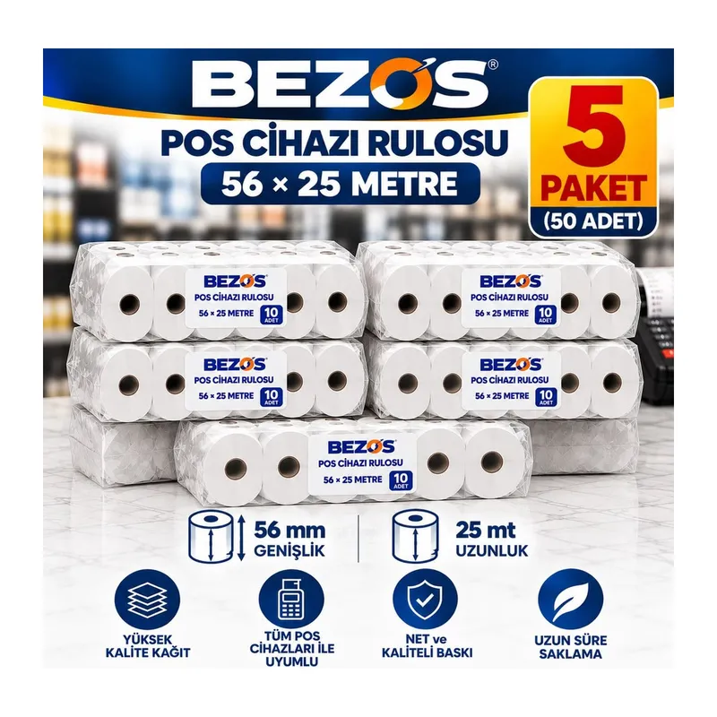 Termal POS Cihazı Rulosu 56 mm x 25 m - 50 Adet (5 Paket) Yazar Kasa Slip Rulosu