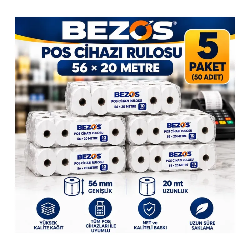 Termal POS Cihazı Rulosu 56 mm x 20 m - 50 Adet (5 Paket) Yazar Kasa Slip Rulosu
