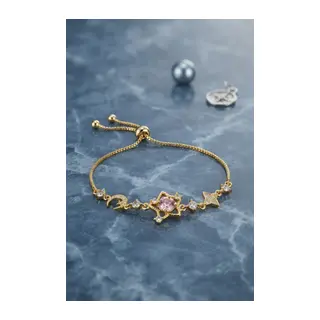 Pembe Taşlı Yıldız Model Gold Renk Zirkon Taşlı Asansörlü Bileklik