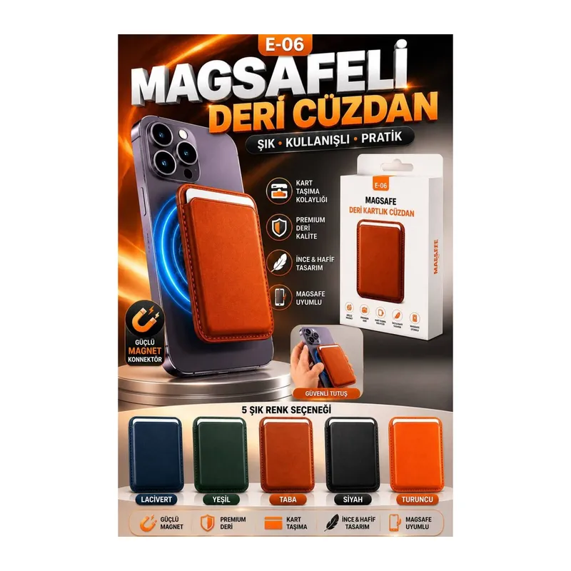 MagSafe'li Deri Cüzdan E-06 (Taba)