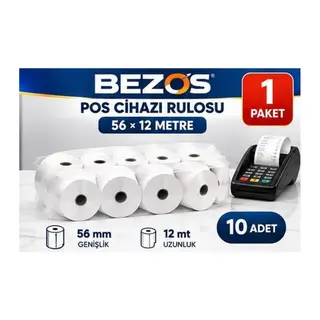 Termal POS Cihazı Rulosu 56 mm x 12 m - 10 Adet (1 Paket) Yazar Kasa Slip Rulosu