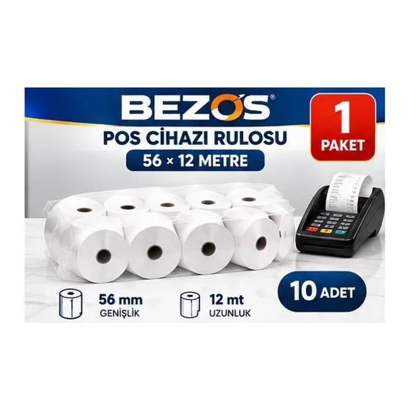 Termal POS Cihazı Rulosu 56 mm x 12 m - 10 Adet (1 Paket) Yazar Kasa Slip Rulosu