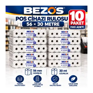 Termal POS Cihazı Rulosu 56 mm x 30 m - 100 Adet (10 Paket) Yazar Kasa Slip Rulosu