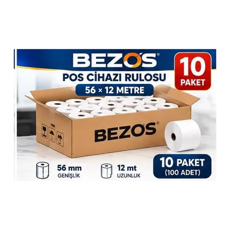 Termal POS Cihazı Rulosu 56 mm x 12 m - 100 Adet (10 Paket) Yazar Kasa Slip Rulosu
