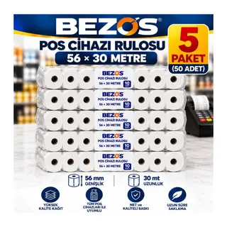 Termal POS Cihazı Rulosu 56 mm x 30 m - 50 Adet (5 Paket) Yazar Kasa Slip Rulosu