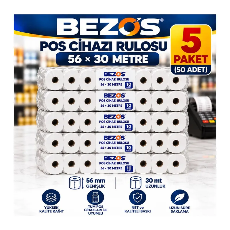 Termal POS Cihazı Rulosu 56 mm x 30 m - 50 Adet (5 Paket) Yazar Kasa Slip Rulosu