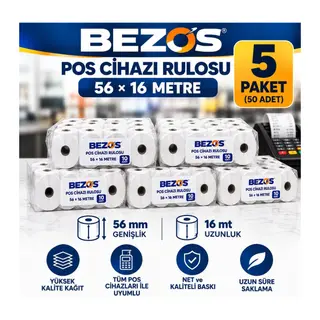 Termal POS Cihazı Rulosu 56 mm x 16 m - 50 Adet (5 Paket) Yazar Kasa Slip Rulosu