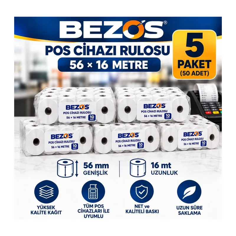 Termal POS Cihazı Rulosu 56 mm x 16 m - 50 Adet (5 Paket) Yazar Kasa Slip Rulosu