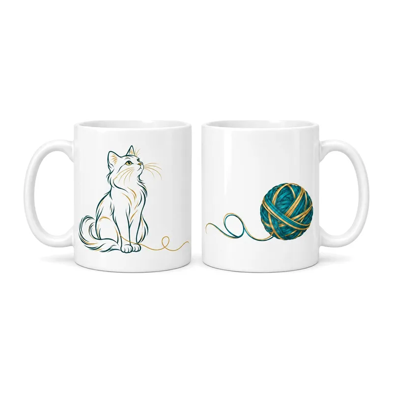 Kedi ve Yumak 2'li Porselen Kupa Seti - MODEL 366