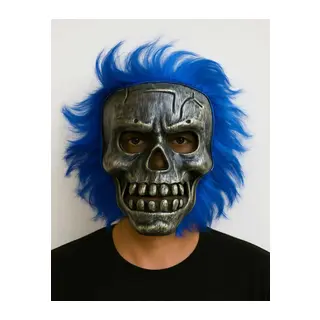 Wild Skull - Gümüş Kafatası Mavi Saçlı İskelet Maske
