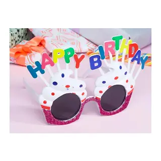 Happy Birthday Yazılı Beyaz Fuşya Renk Beyaz Pastalı Parti Gözlüğü 12x7 cm