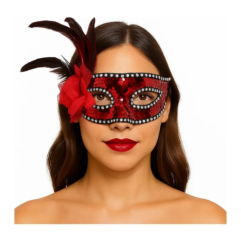 Kırmızı Renk Yandan Tüylü Güllü Gümüş Taşlı Pullu Maske 20x22 cm