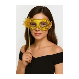 Lüks Taşlı Saplı Maskeli Balo Maskesi Altın Renk 35 cm