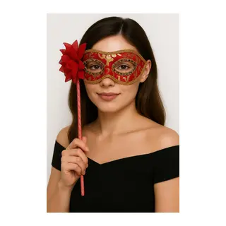 Lüks Taşlı Saplı Maskeli Balo Maskesi Kırmızı Renk 35 cm