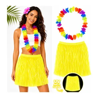 Neon Sarı Hawaii Etek 40 cm ve Rengarenk Hawaii Kolye