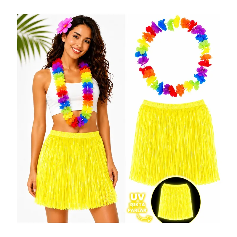 Neon Sarı Hawaii Etek 40 cm ve Rengarenk Hawaii Kolye