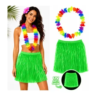 Neon Yeşil Hawaii Etek 40 cm ve Rengarenk Hawaii Kolye