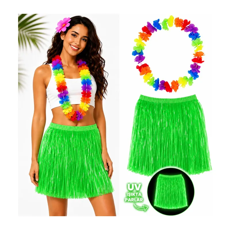 Neon Yeşil Hawaii Etek 40 cm ve Rengarenk Hawaii Kolye