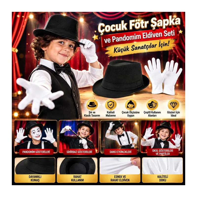 Çocuk Sahne Performans Seti – Gösteri Fötr Şapka ve Eldiven