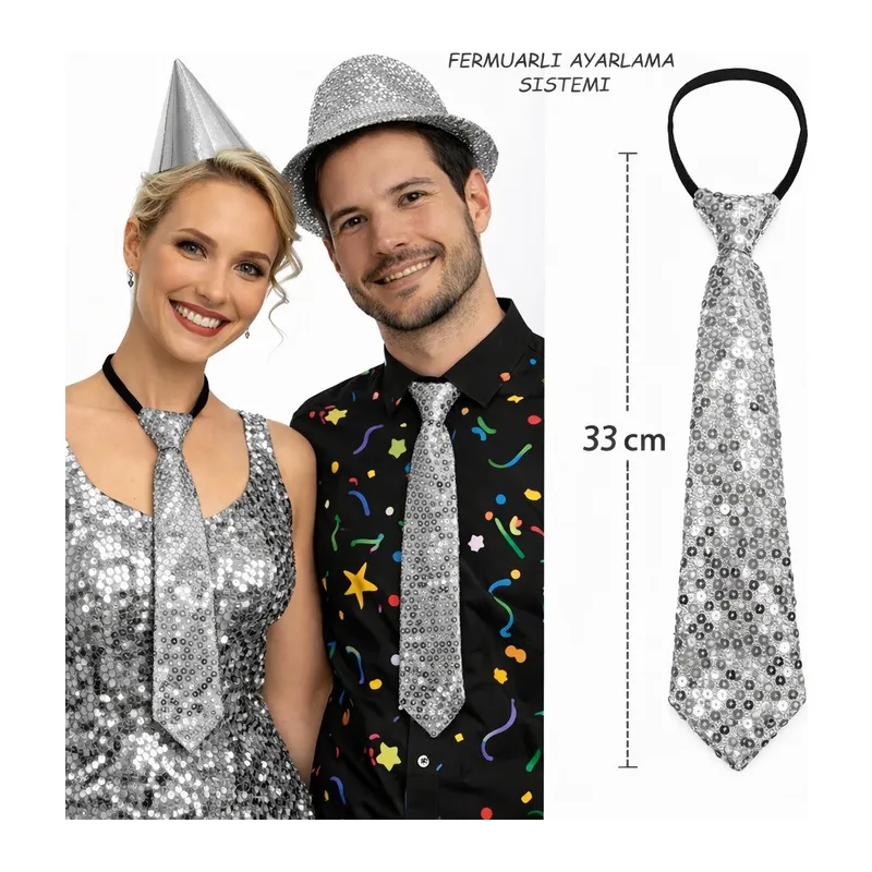 Gümüş Renk Pul Payetli Işıltılı Parti Kravatı 33 cm