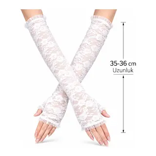 Uzun Zarif Dantel Eldiven Parmaksız Beyaz 35 cm