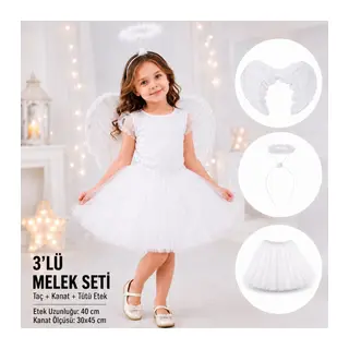Çocuk Beyaz Melek Kostüm Seti? Melek Kanadı, Taç ve Tütü Etek 3?lü Set