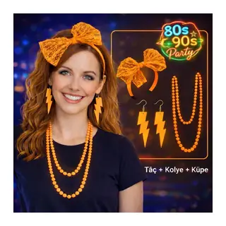 80?ler 90?lar Neon Turuncu Parti Seti? Kolye Küpe Taç