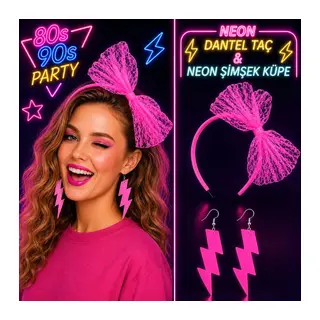Neon Pembe Dantel Taç ve Şimşek Küpe 80'ler 90'lar Parti Seti