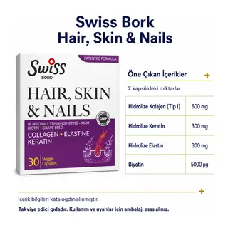 Swiss Bork Hair Skin & Nails Kolajen Keratin ve Elastin Kompleksi