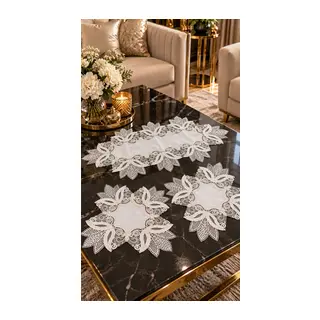 3 Parça Krem Gardenya Keten Runner Seti - Dantelli Sehpa, Konsol ve Vitrin Örtüsü Takımı