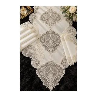 5 Parça Dantelli Salon Takımı Keten Runner Sehpa Örtüsü Vitrin ve Konsol Seti