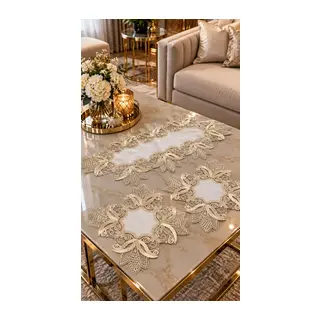 3 Parça Krem Dantelli Runner ve Sehpa Örtüsü Seti - Salon, Konsol ve Yatak Odası Takımı
