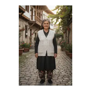 Çeyizlik Yelek, Düğmeli Anne Yeleği, Simli Yelek, Hediyelik Yelek, Gelin Simli Cepli Yelek - Krem